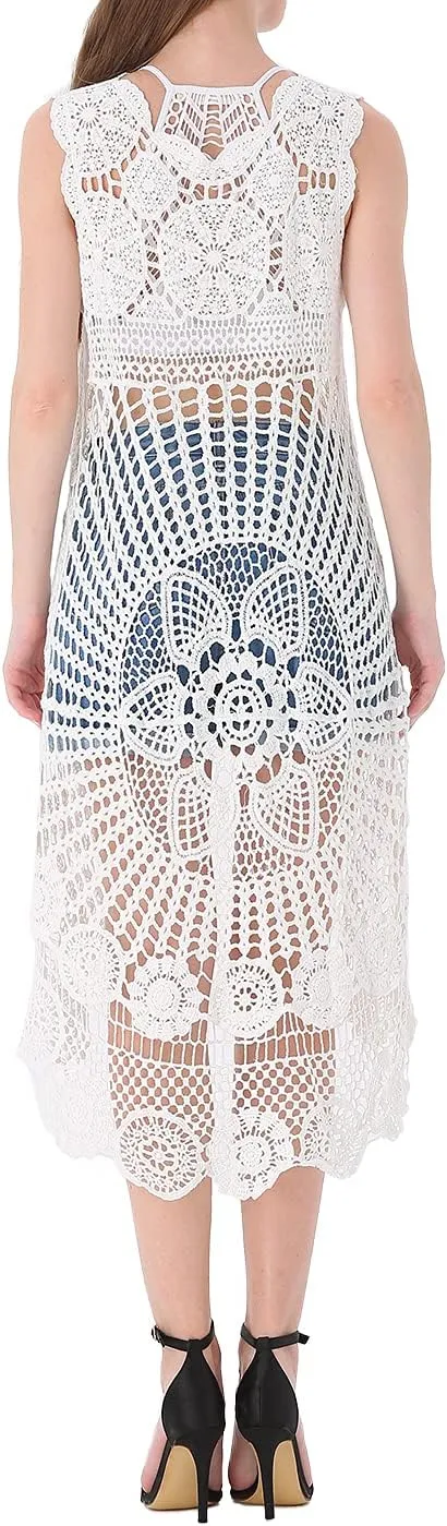 Anna-Kaci Women's Crochet Long Vest Boho Sleeveless Kimono Dress Swimwear Cover up