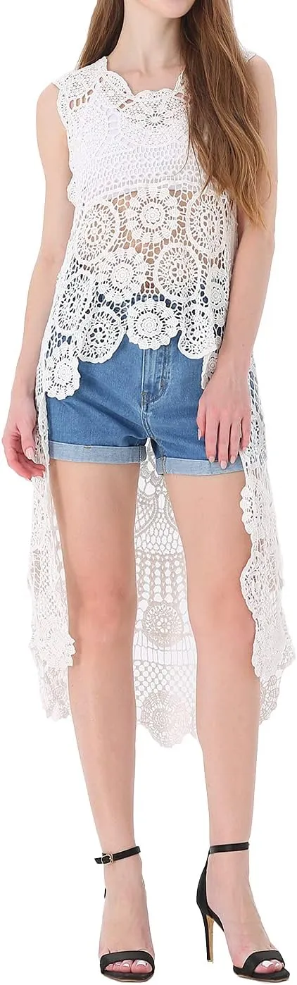 Anna-Kaci Women's Crochet Long Vest Boho Sleeveless Kimono Dress Swimwear Cover up
