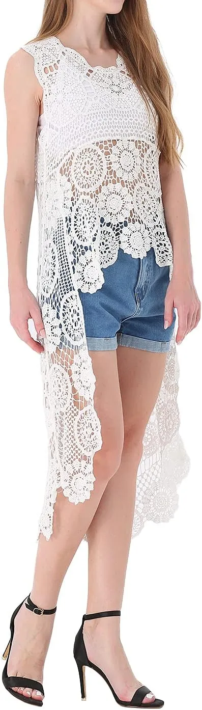 Anna-Kaci Women's Crochet Long Vest Boho Sleeveless Kimono Dress Swimwear Cover up