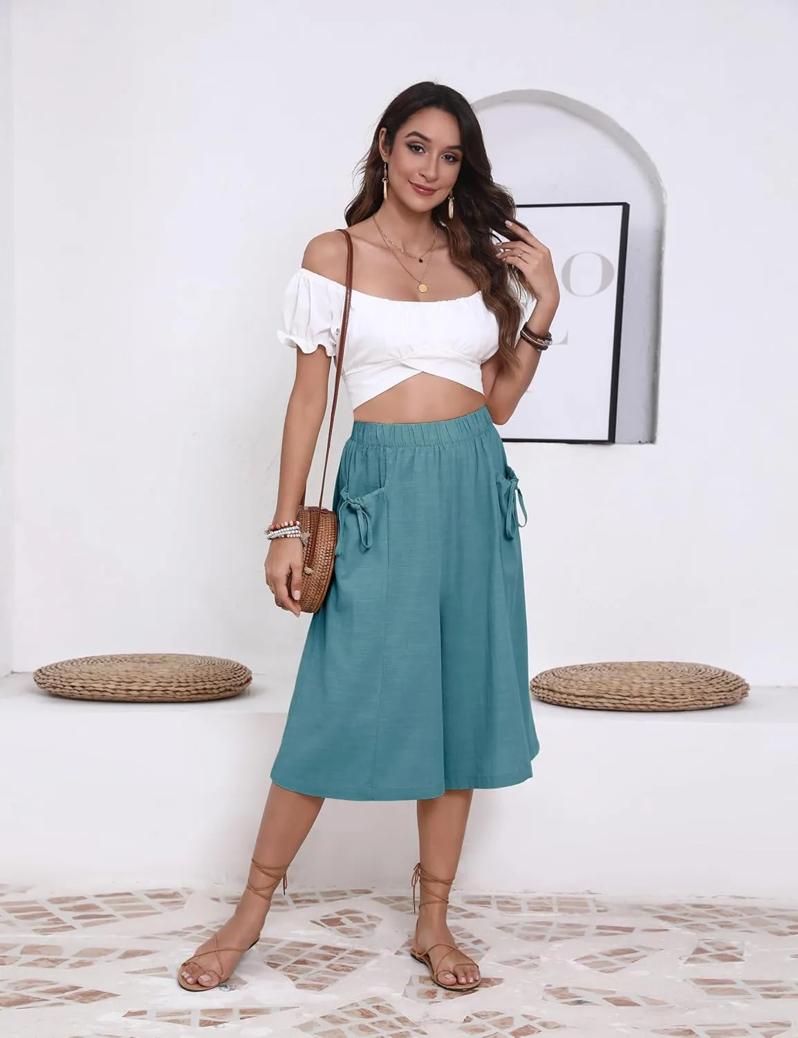 Bianstore Women's Culottes Casual Wide Leg Capris Elastic Waist Palazzo Beach Pants