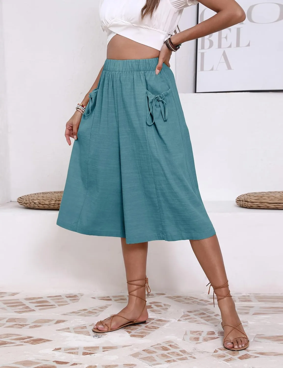 Bianstore Women's Culottes Casual Wide Leg Capris Elastic Waist Palazzo Beach Pants