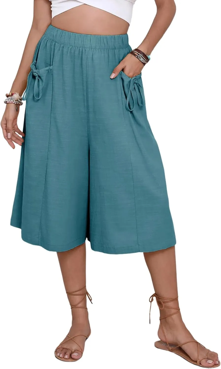 Bianstore Women's Culottes Casual Wide Leg Capris Elastic Waist Palazzo Beach Pants