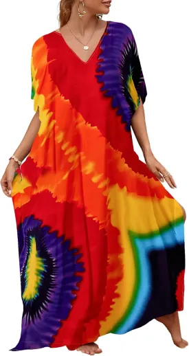 Bsubseach Kaftan Dresses for Women Plus Size Tie Dye Batwing Sleeve Caftans Swimsuit Coverup Maxi Dress Loungewear
