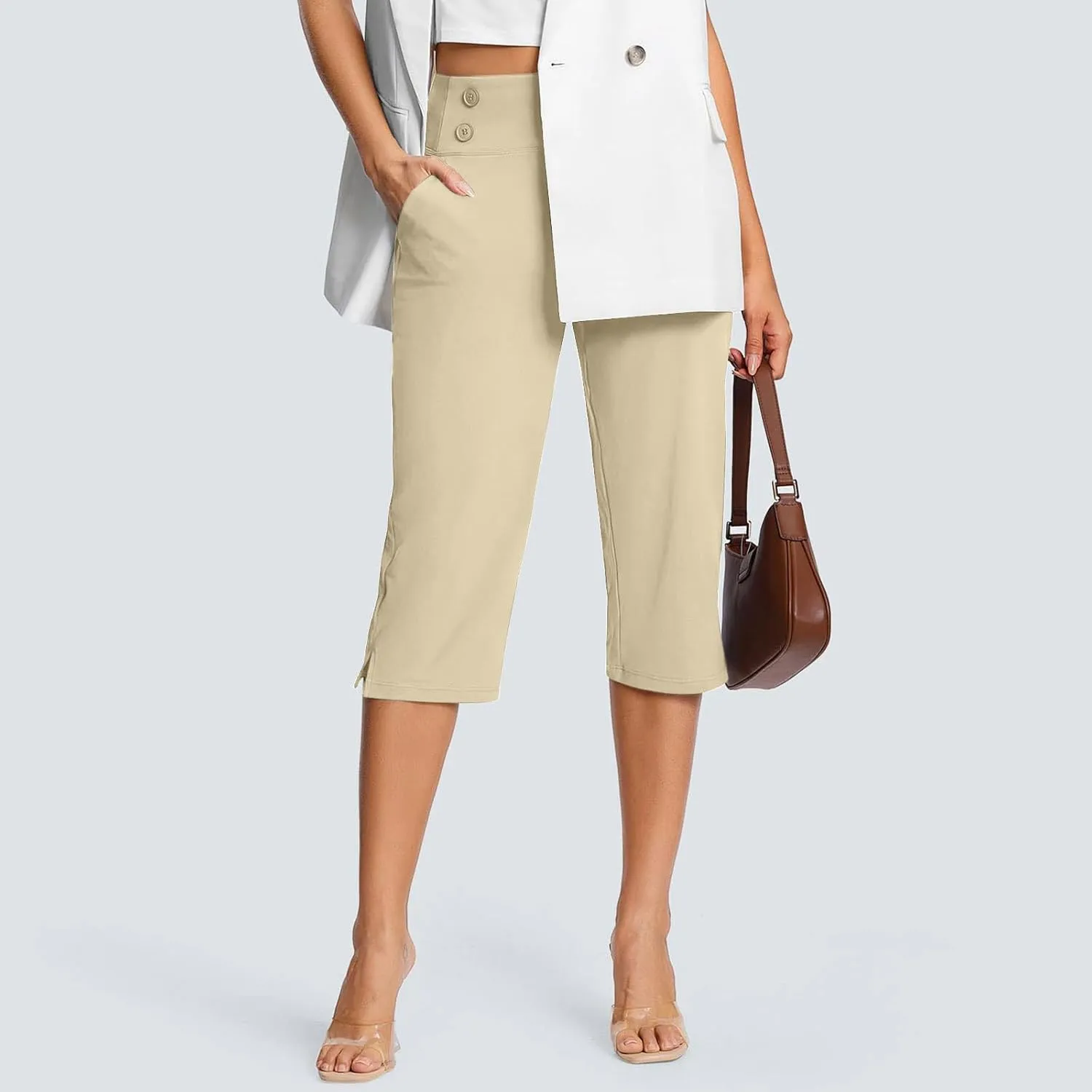 Capri Pants for Women Summer High Waisted Office Work Crop Pant Casual Stretch Wide Leg Yoga Capris with Pockets