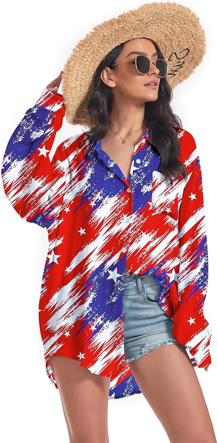 Century Star Womens Button Down Shirts Vacation Outfits Loose Fit Long Sleeve Casual Oversize Collared Blouse