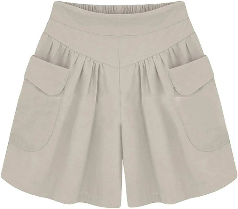 CHARTOU Women's Casual Summer Elastic Waist Wide Leg Beach Shorts Culottes with Pockets