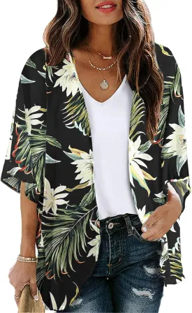 Chunoy Women Loose Lightweight Chiffon Kimono Cardigan Short Sleeve Beach Wear Cover Up Blouse Top Medium