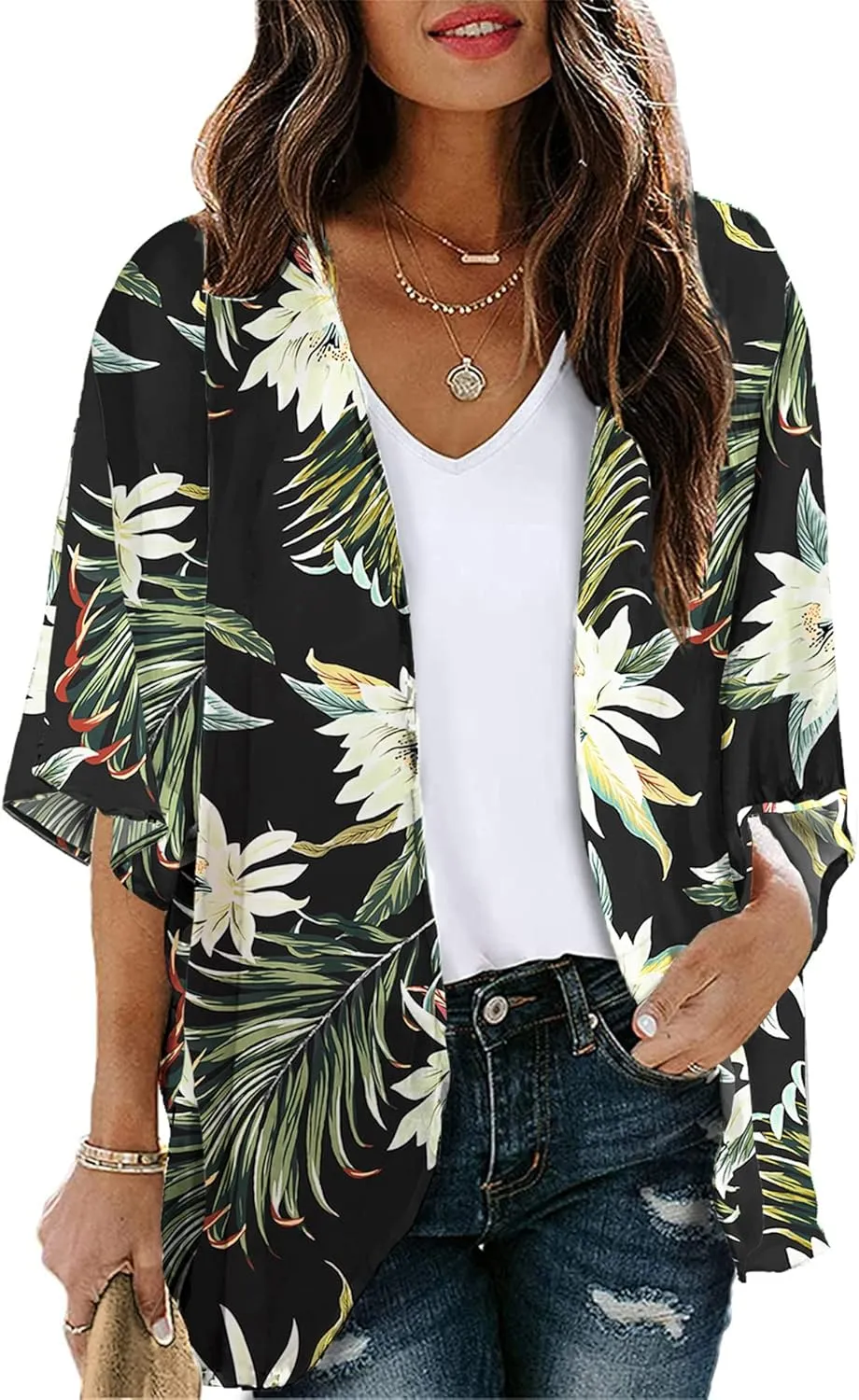 Chunoy Women Loose Lightweight Chiffon Kimono Cardigan Short Sleeve Beach Wear Cover Up Blouse Top Medium