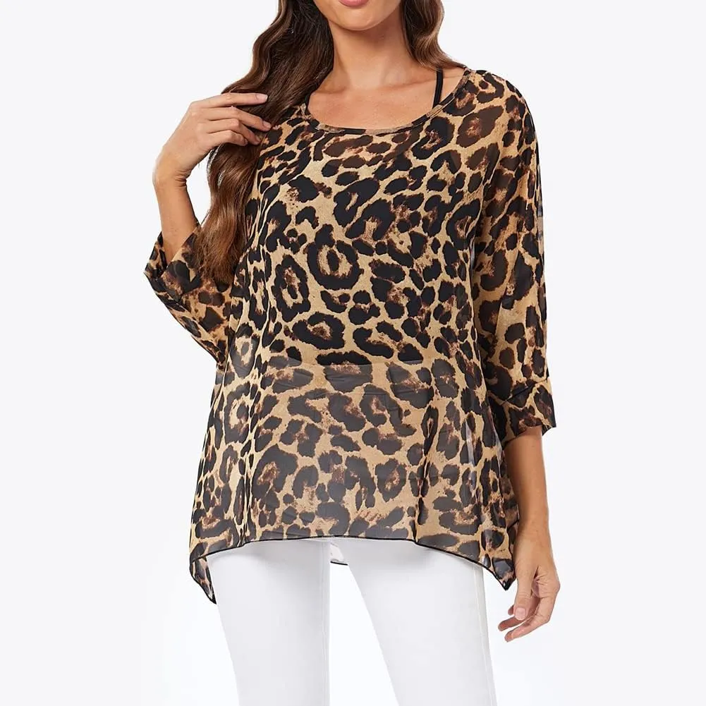 Ckikiou Womens Batwing Loose Chiffon Summer Blouse Tunic Floral Printed Boho Beach Cover ups