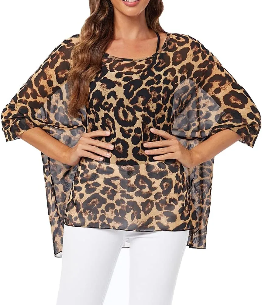 Ckikiou Womens Batwing Loose Chiffon Summer Blouse Tunic Floral Printed Boho Beach Cover ups
