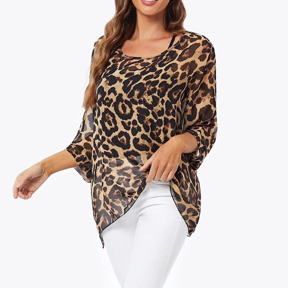 Ckikiou Womens Batwing Loose Chiffon Summer Blouse Tunic Floral Printed Boho Beach Cover ups