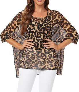 Ckikiou Womens Batwing Loose Chiffon Summer Blouse Tunic Floral Printed Boho Beach Cover ups