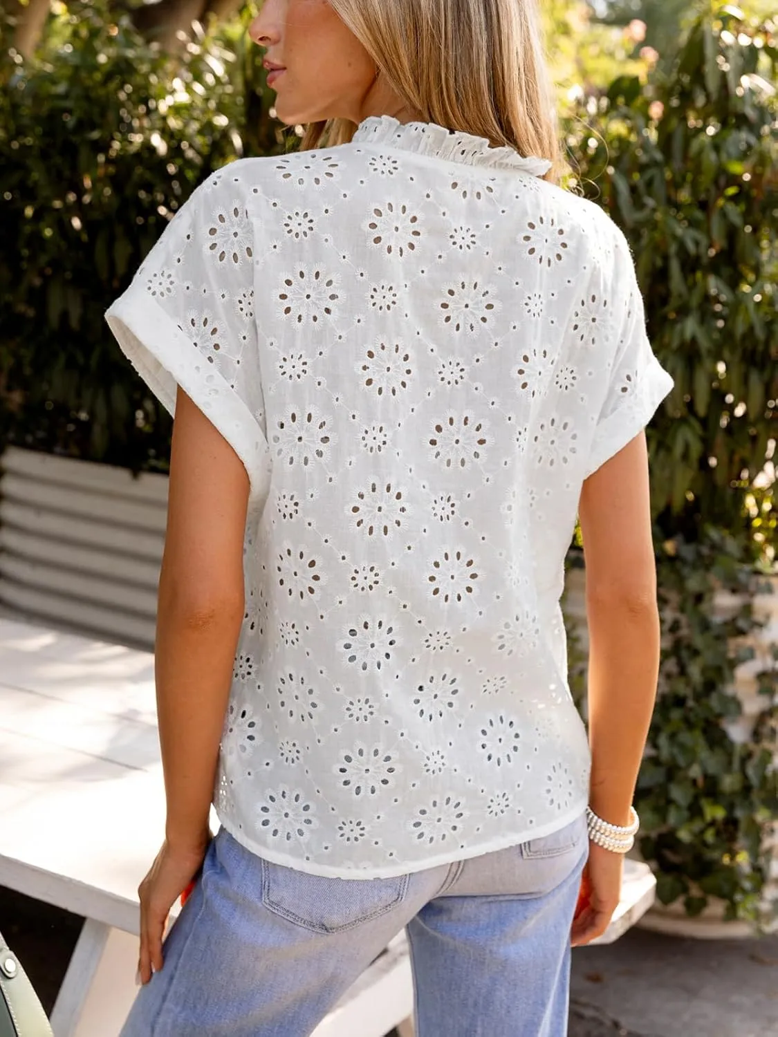 CUPSHE Women's Eyelet Embroidered Lace Trim V Neck Short Sleeve Blouse Tops