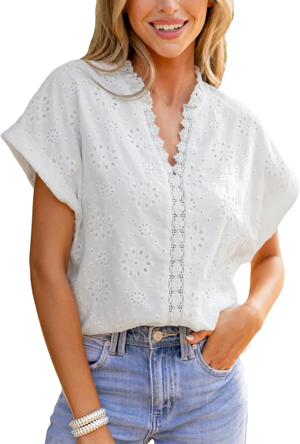 CUPSHE Women's Eyelet Embroidered Lace Trim V Neck Short Sleeve Blouse Tops