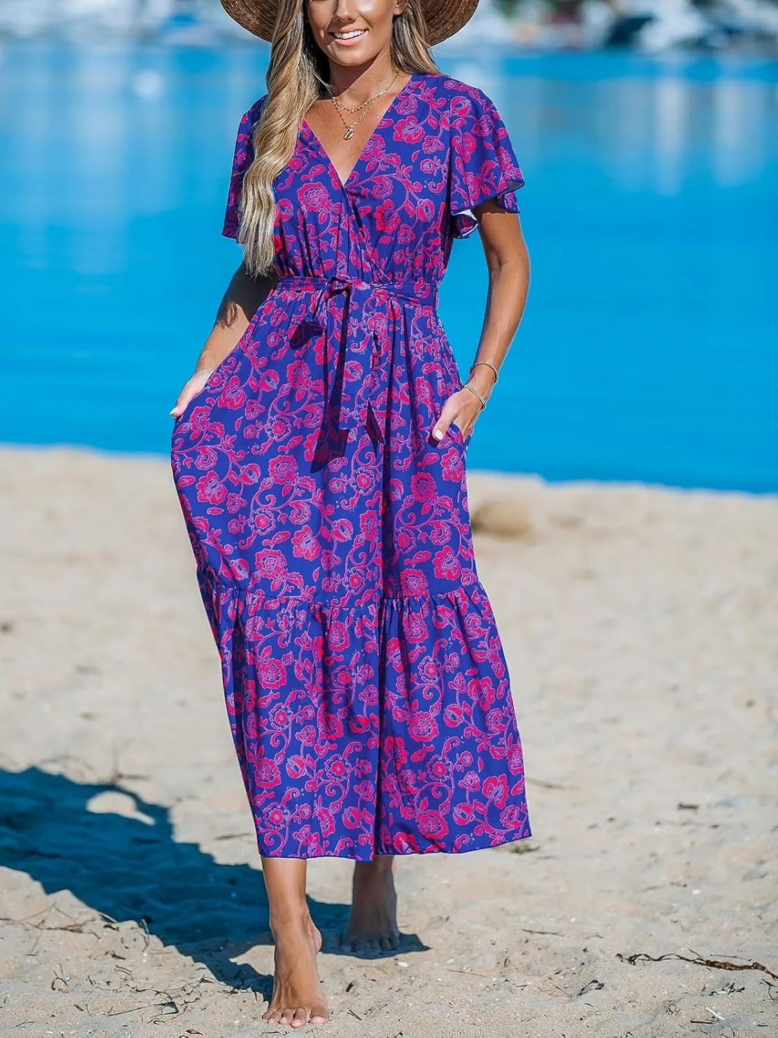 CUPSHE Women's Maxi Dress V Neck Short Sleeve Belted Waist Ruffled Paisley Long A Line Summer Formal Dress