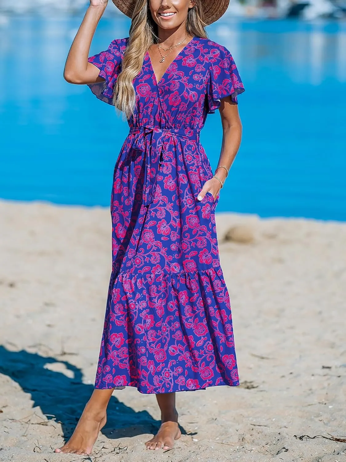 CUPSHE Women's Maxi Dress V Neck Short Sleeve Belted Waist Ruffled Paisley Long A Line Summer Formal Dress
