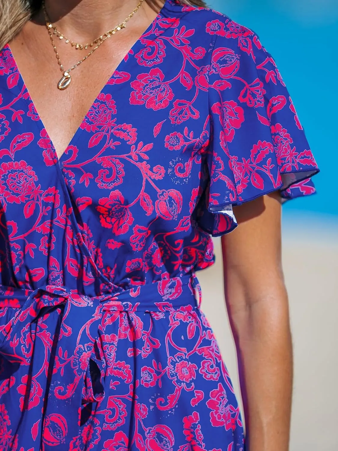 CUPSHE Women's Maxi Dress V Neck Short Sleeve Belted Waist Ruffled Paisley Long A Line Summer Formal Dress