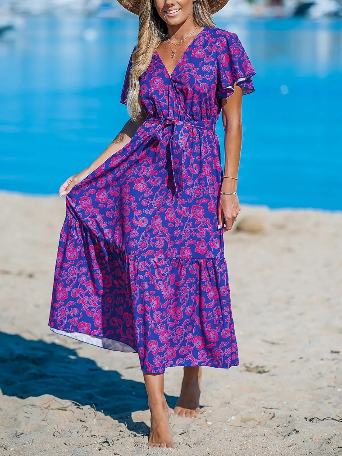 CUPSHE Women's Maxi Dress V Neck Short Sleeve Belted Waist Ruffled Paisley Long A Line Summer Formal Dress
