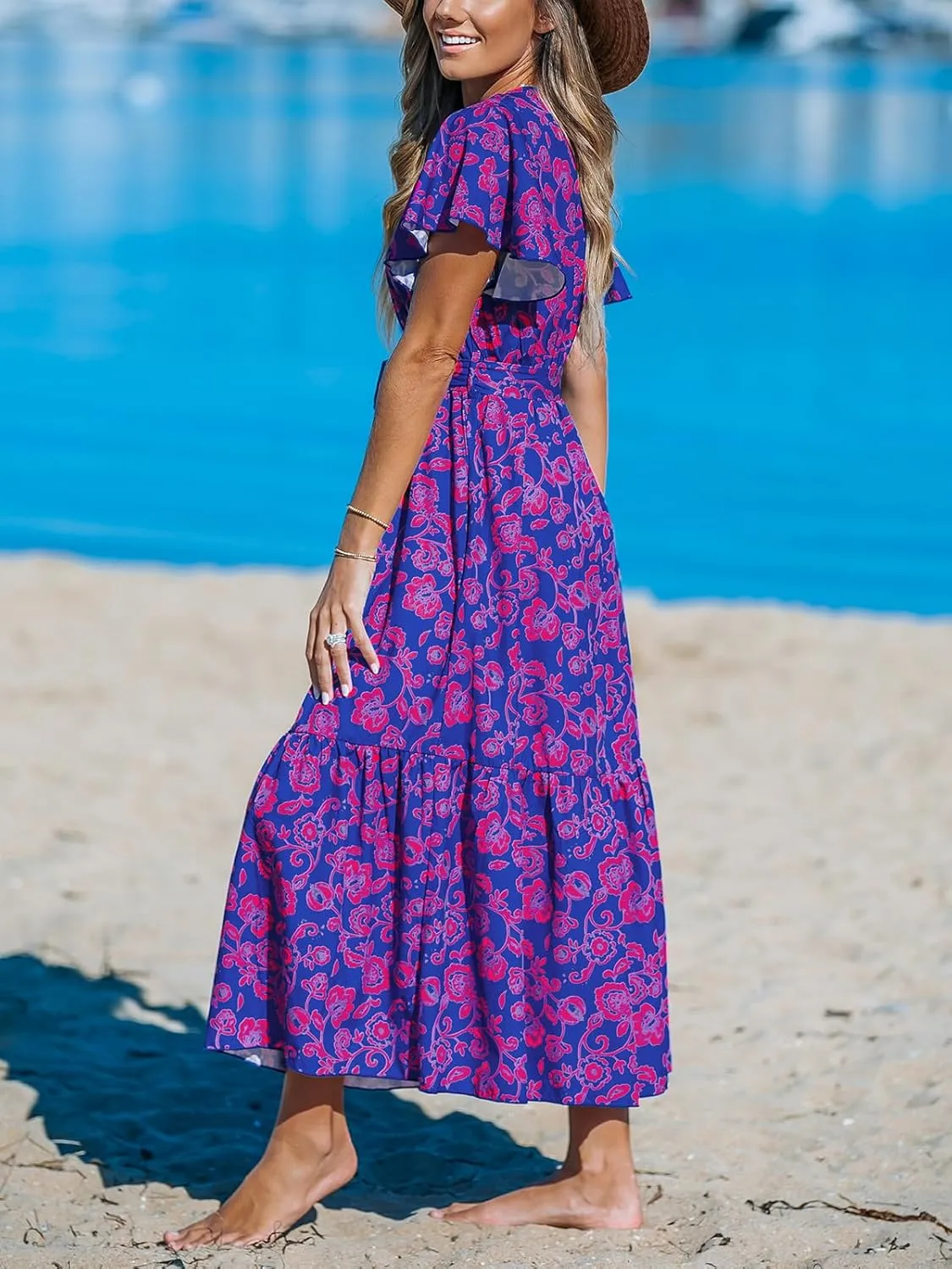 CUPSHE Women's Maxi Dress V Neck Short Sleeve Belted Waist Ruffled Paisley Long A Line Summer Formal Dress