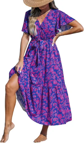 CUPSHE Women's Maxi Dress V Neck Short Sleeve Belted Waist Ruffled Paisley Long A Line Summer Formal Dress