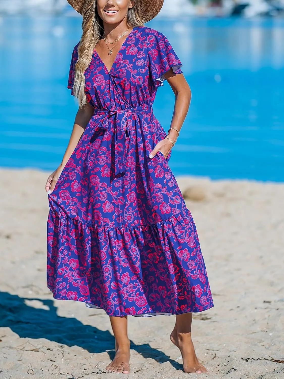 CUPSHE Women's Maxi Dress V Neck Short Sleeve Belted Waist Ruffled Paisley Long A Line Summer Formal Dress