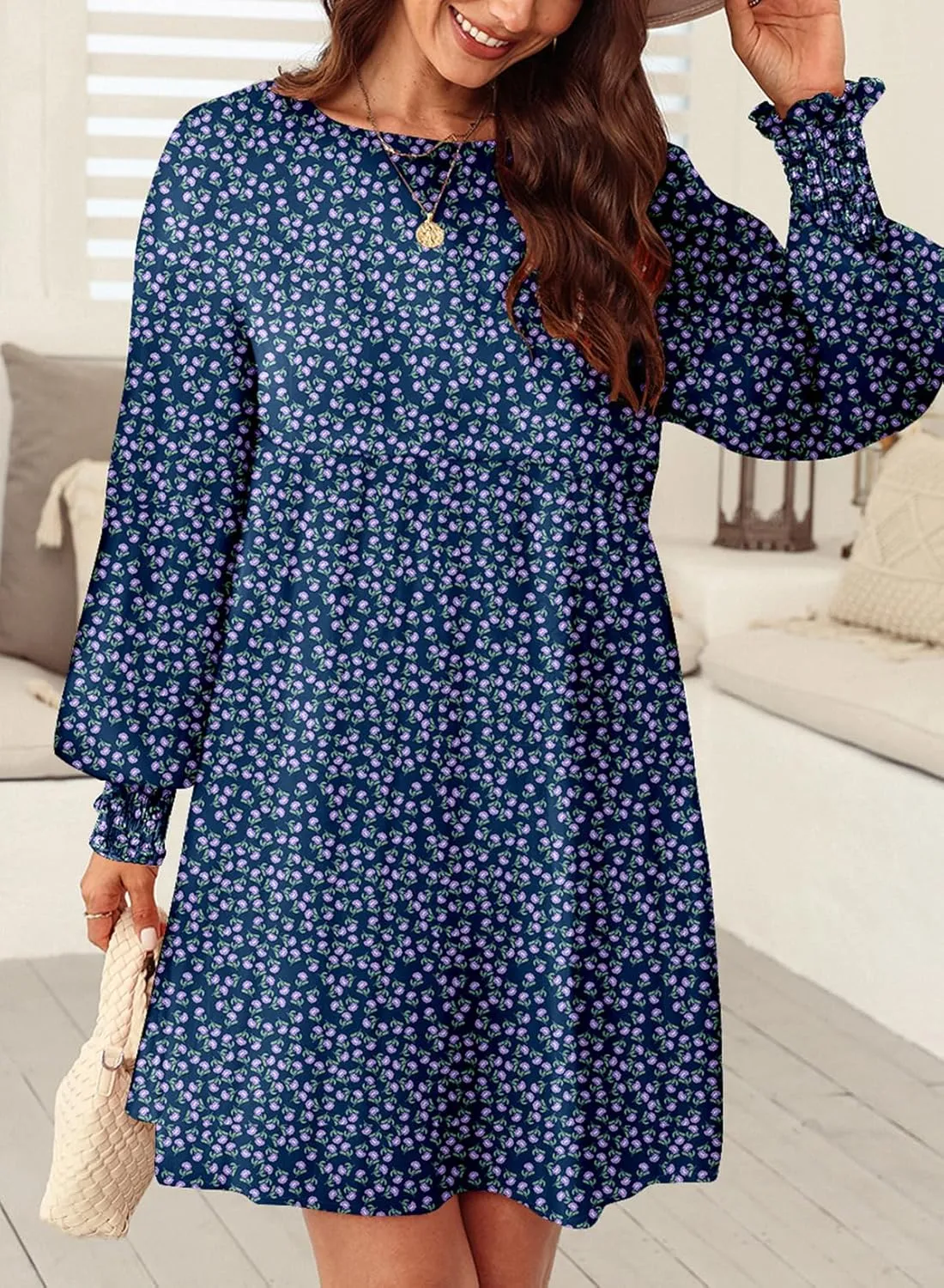 Dokotoo Womens Spring Summer Dress 2025 Long Sleeve Floral Boho Dresses Flowy Babydoll Shift Mini Dress