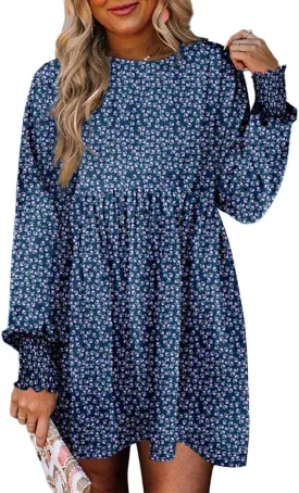 Dokotoo Womens Spring Summer Dress 2025 Long Sleeve Floral Boho Dresses Flowy Babydoll Shift Mini Dress
