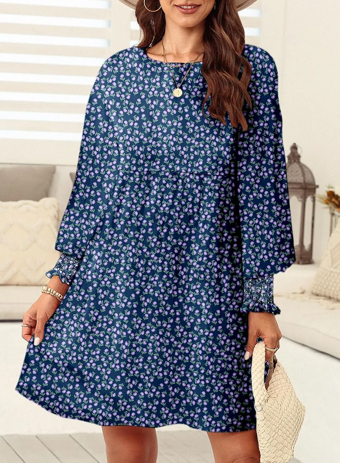 Dokotoo Womens Spring Summer Dress 2025 Long Sleeve Floral Boho Dresses Flowy Babydoll Shift Mini Dress