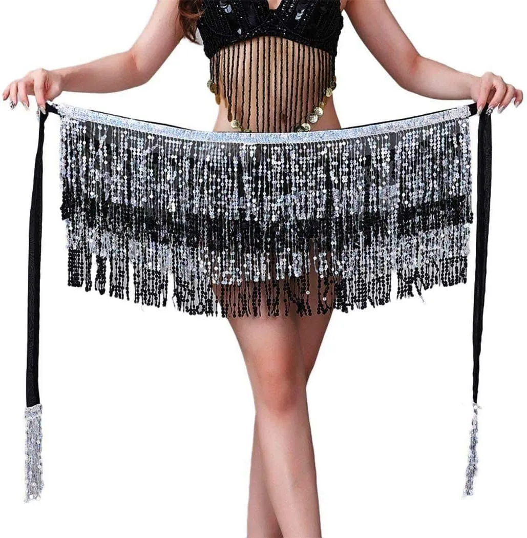 DRESBE Fringe Sequin Belly Dance Skirt Rave Festival Outfits for Women