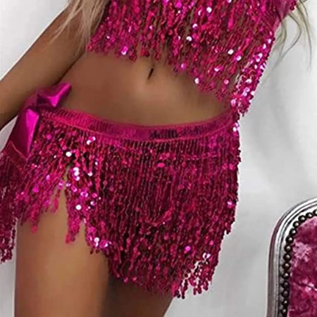 DRESBE Fringe Sequin Belly Dance Skirt Rave Festival Outfits for Women