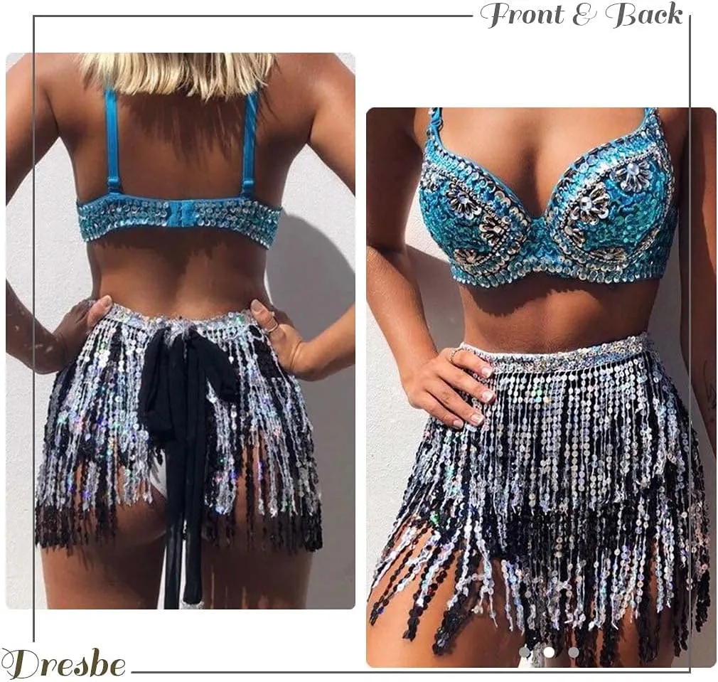 DRESBE Fringe Sequin Belly Dance Skirt Rave Festival Outfits for Women