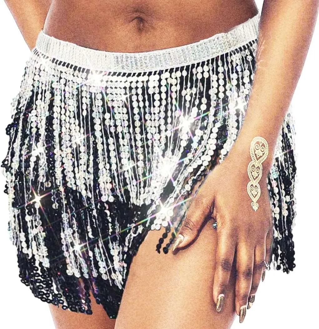 DRESBE Fringe Sequin Belly Dance Skirt Rave Festival Outfits for Women