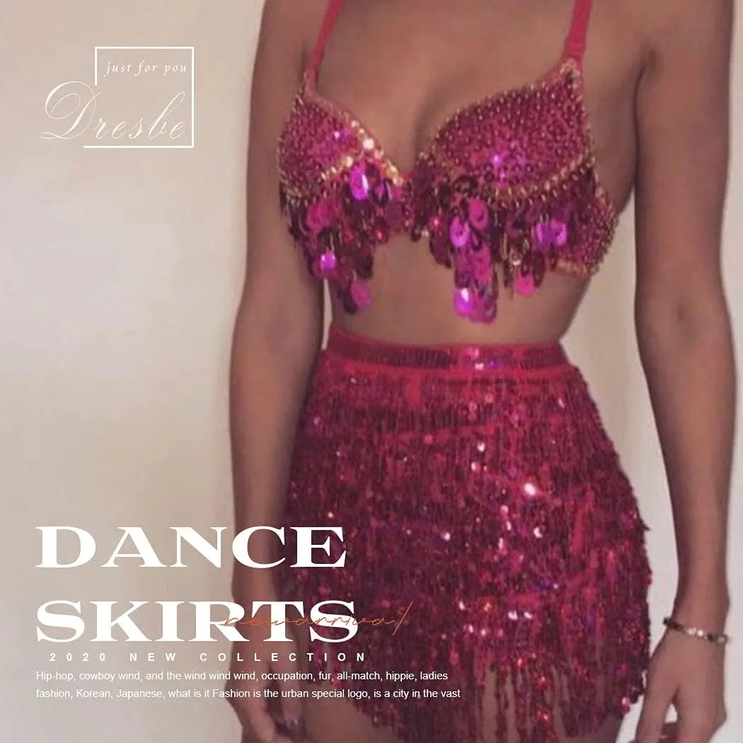 DRESBE Fringe Sequin Belly Dance Skirt Rave Festival Outfits for Women