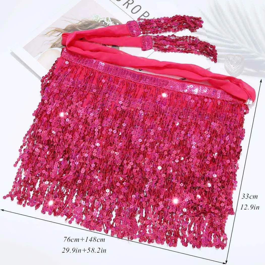 DRESBE Fringe Sequin Belly Dance Skirt Rave Festival Outfits for Women