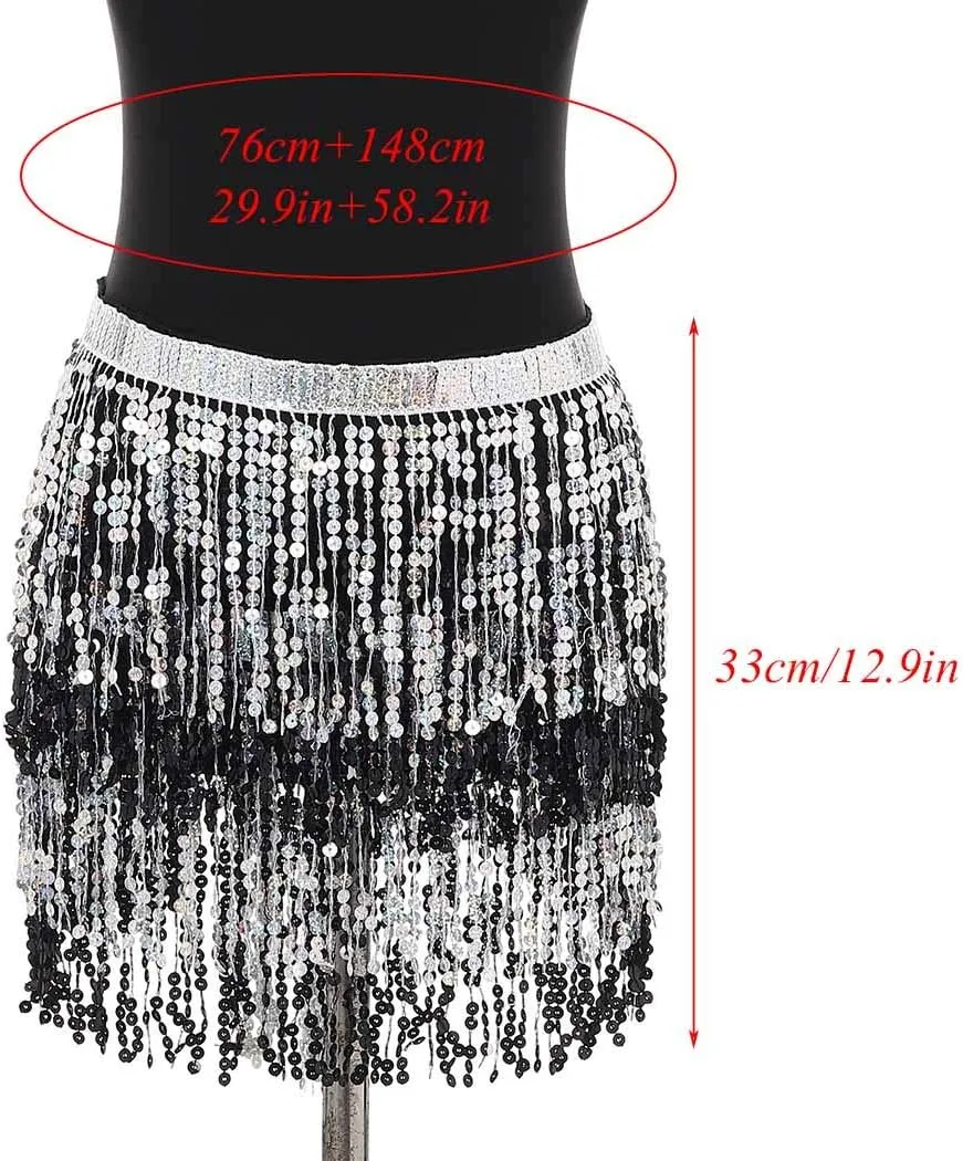 DRESBE Fringe Sequin Belly Dance Skirt Rave Festival Outfits for Women