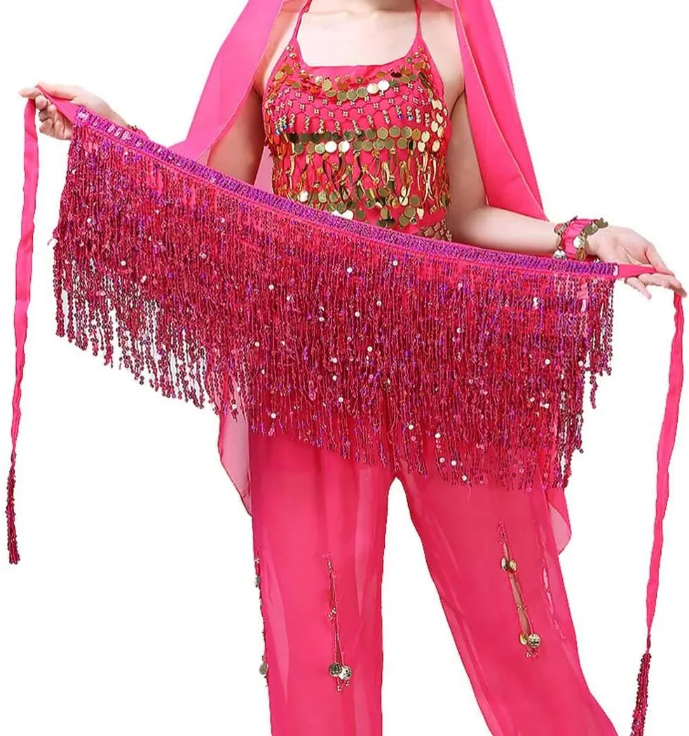 DRESBE Fringe Sequin Belly Dance Skirt Rave Festival Outfits for Women