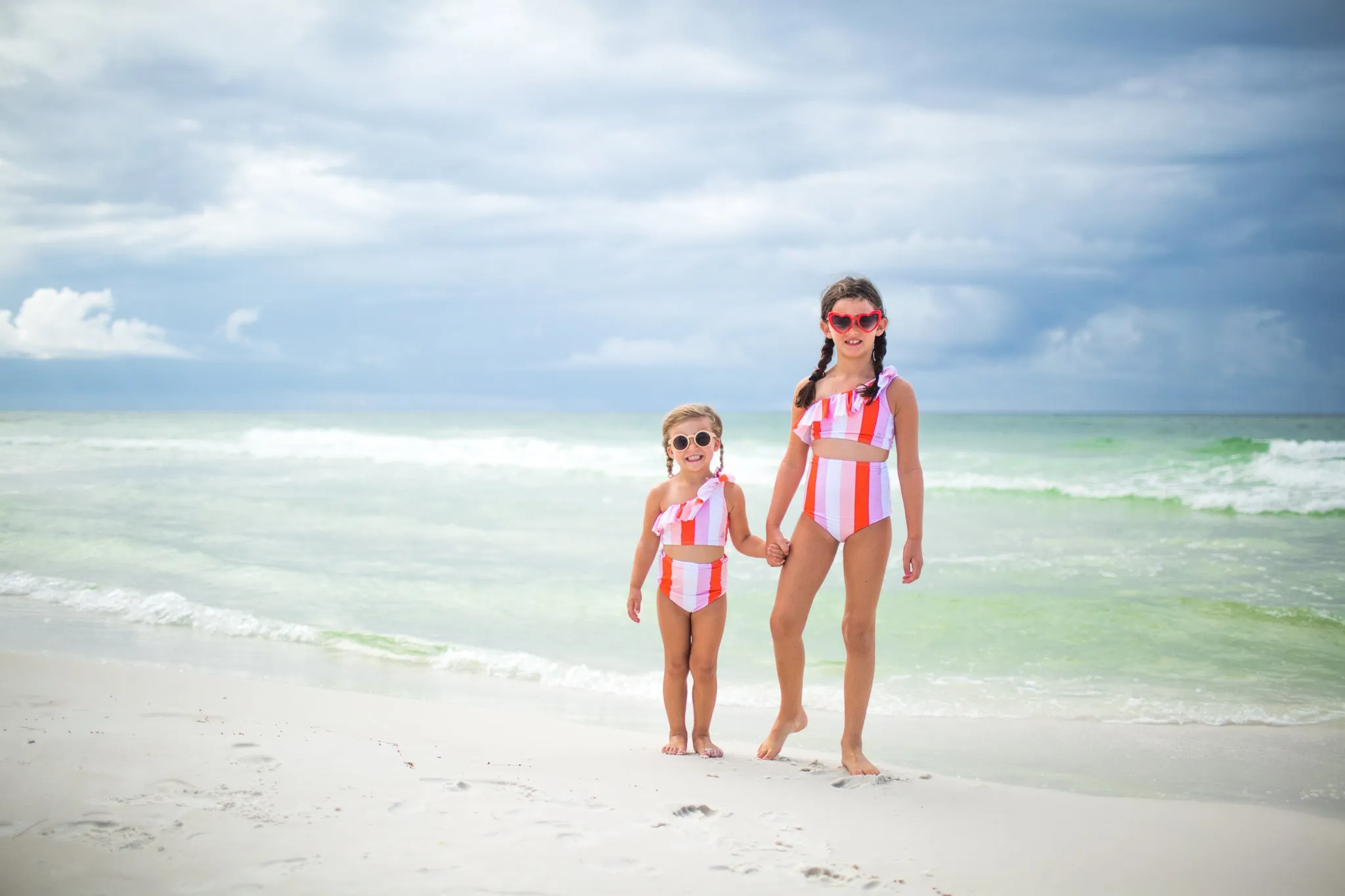 Girls Bikini One-Shoulder   High Waist Bottom Swimsuit Set (2 Piece) - "Peachy Stripes"