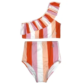 Girls Bikini One-Shoulder   High Waist Bottom Swimsuit Set (2 Piece) - "Peachy Stripes"