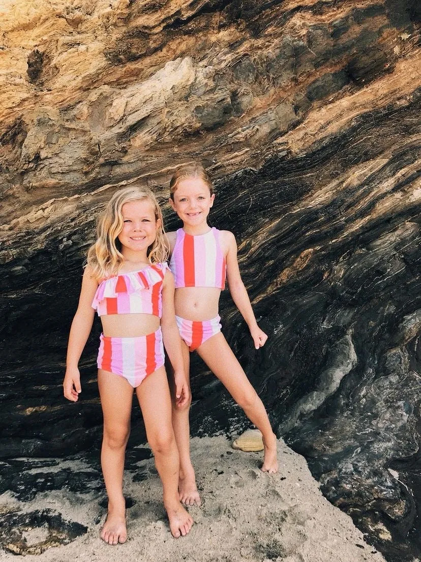 Girls Bikini One-Shoulder   High Waist Bottom Swimsuit Set (2 Piece) - "Peachy Stripes"