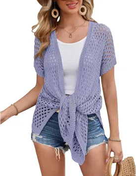 GRACE KARIN Mesh Cardigan Sweaters for Women Crochet Short Sleeve Open-Front Long Cardigan Cover ups Knitted Sheer Tops
