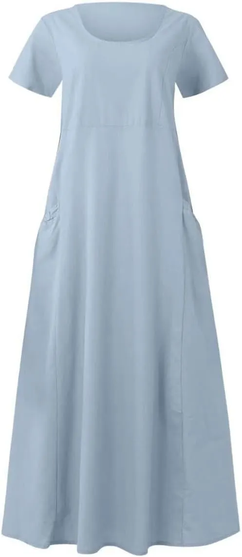 hlysgo Summer Dresses for Women 2025 Casual Cotton Linen Short Sleeve Midi Dress Flowy Beach Vacation Dress with Pockets