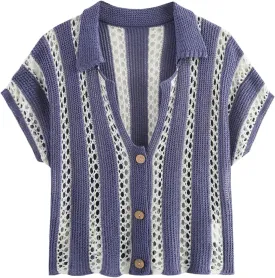 HOULENGS Women's Summer Striped Crochet Cardigan Casual Button Down Short Sleeve Sweater Y2K Hollow Out Knit Crop Tops