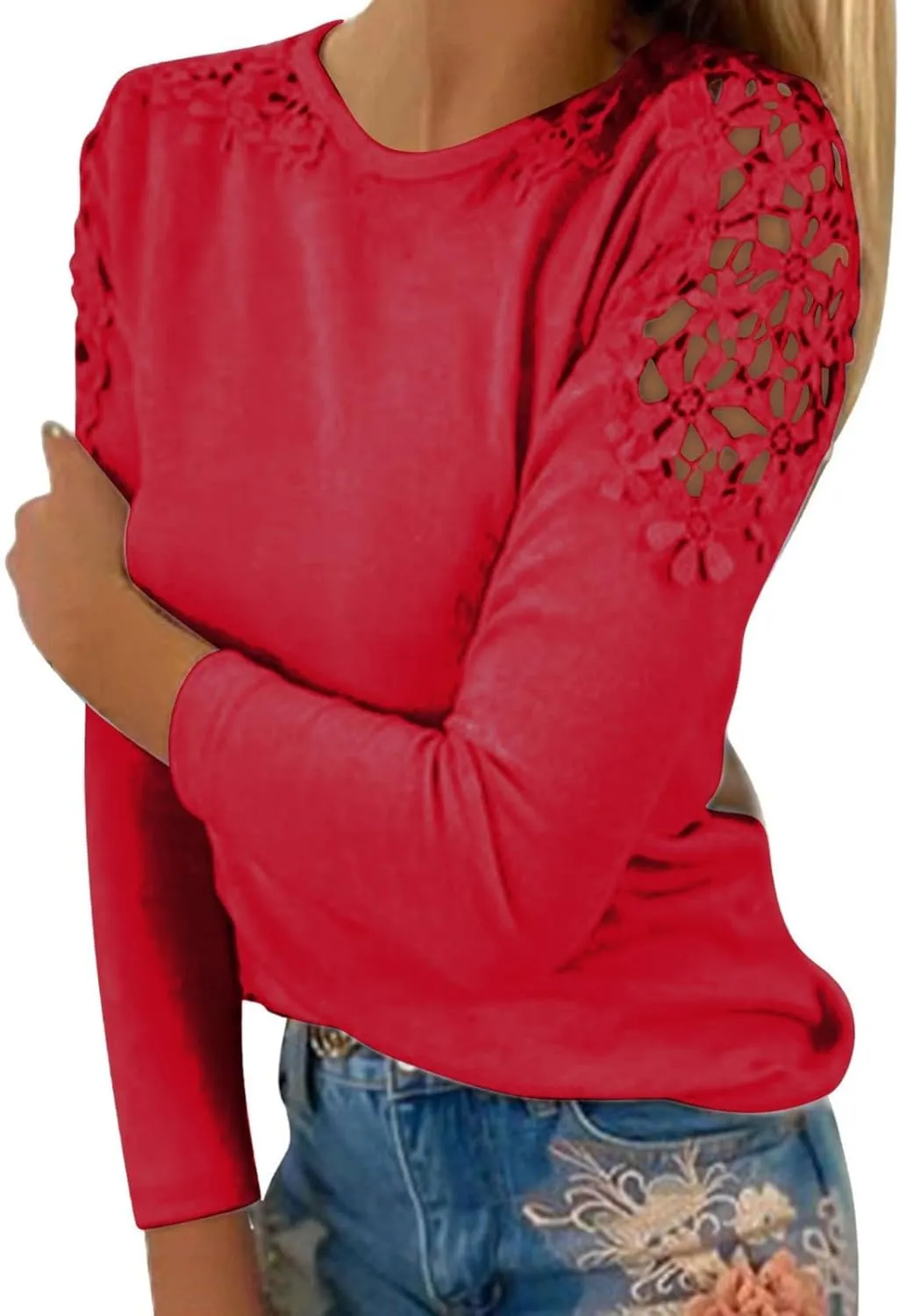 Lace Crochet Tops for Women Flowy Oversized Tshirts Ladies Long Sleeve Round Neck T-Shirt Loose Fit Blouse