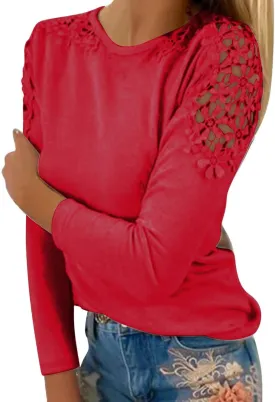 Lace Crochet Tops for Women Flowy Oversized Tshirts Ladies Long Sleeve Round Neck T-Shirt Loose Fit Blouse