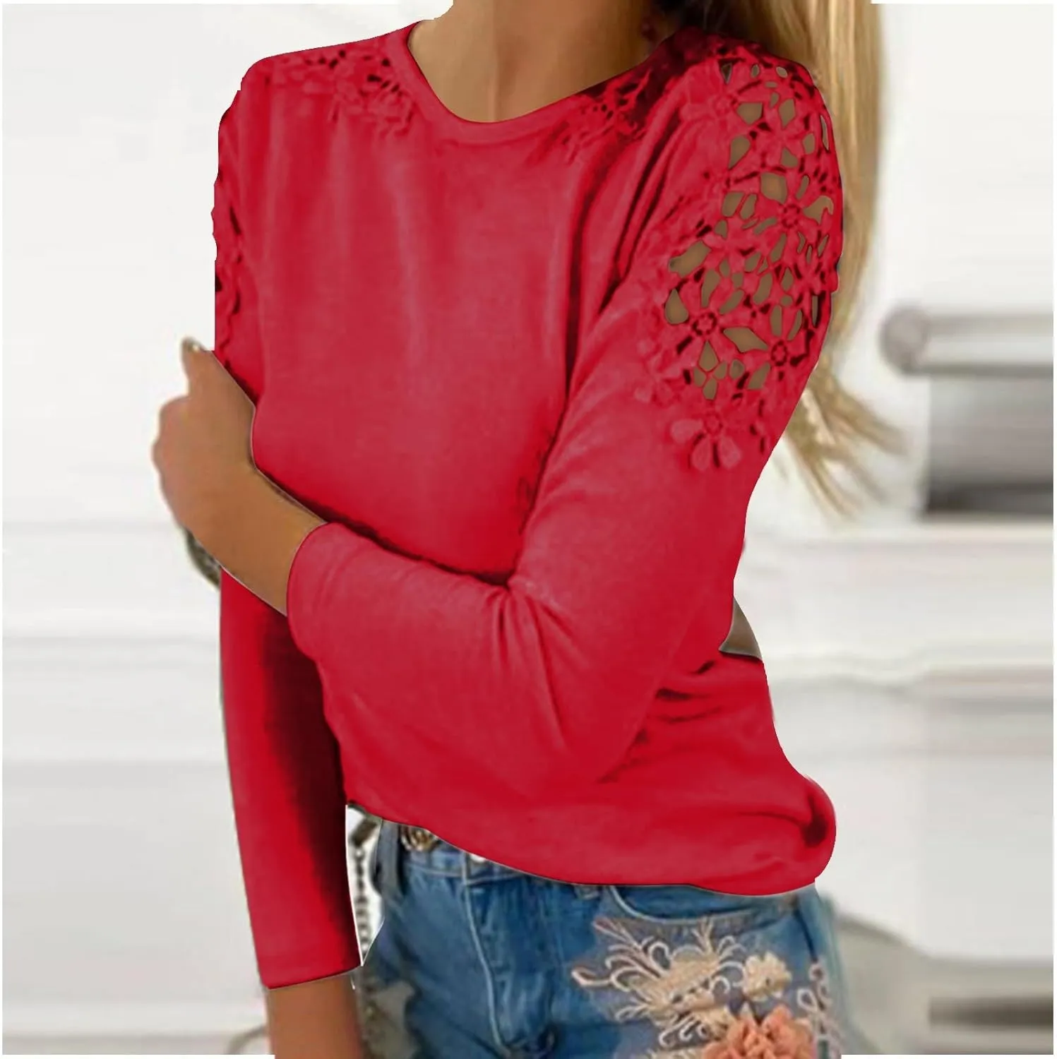 Lace Crochet Tops for Women Flowy Oversized Tshirts Ladies Long Sleeve Round Neck T-Shirt Loose Fit Blouse