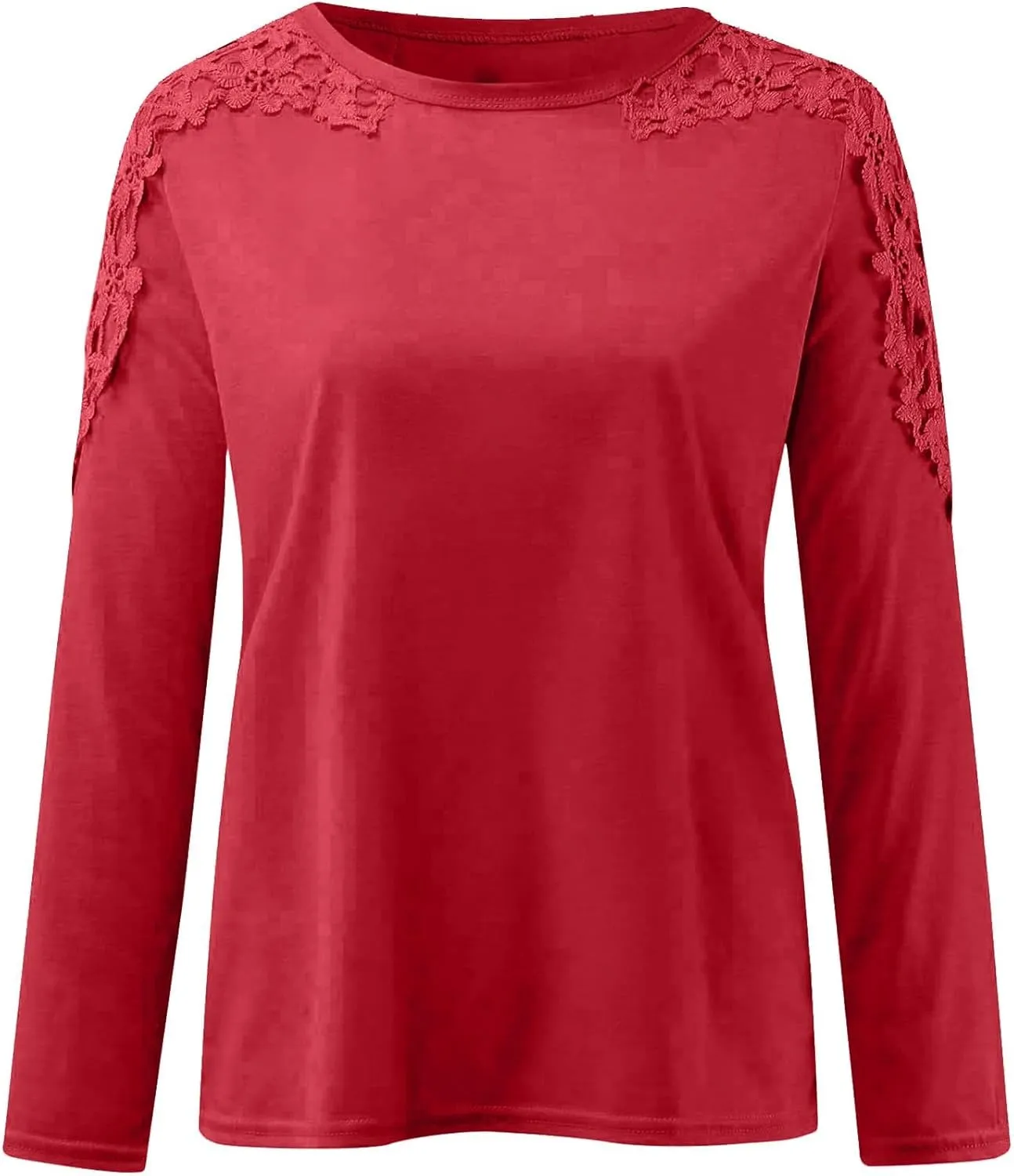 Lace Crochet Tops for Women Flowy Oversized Tshirts Ladies Long Sleeve Round Neck T-Shirt Loose Fit Blouse