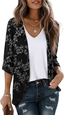LILBETTER Women Lightweight Chiffon Cardigan Puff Sleeve Loose Beach Wear Cover Up Blouse Top