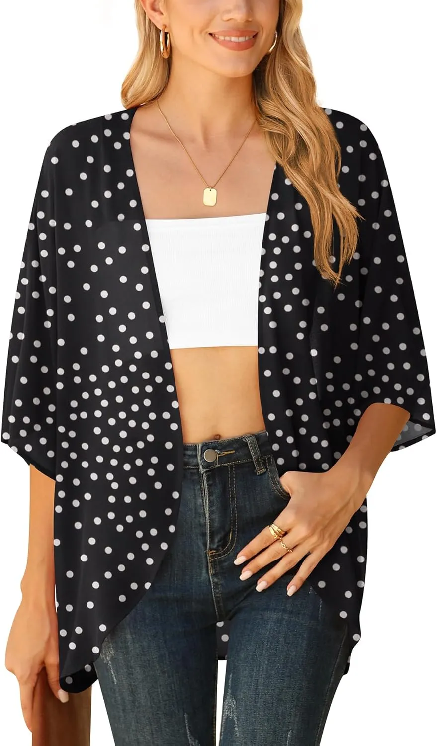 LILBETTER Women Lightweight Chiffon Cardigan Puff Sleeve Loose Beach Wear Cover Up Blouse Top