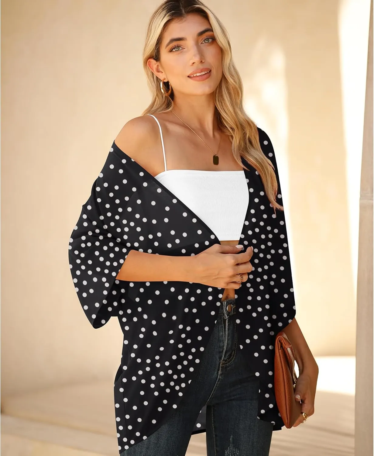 LILBETTER Women Lightweight Chiffon Cardigan Puff Sleeve Loose Beach Wear Cover Up Blouse Top