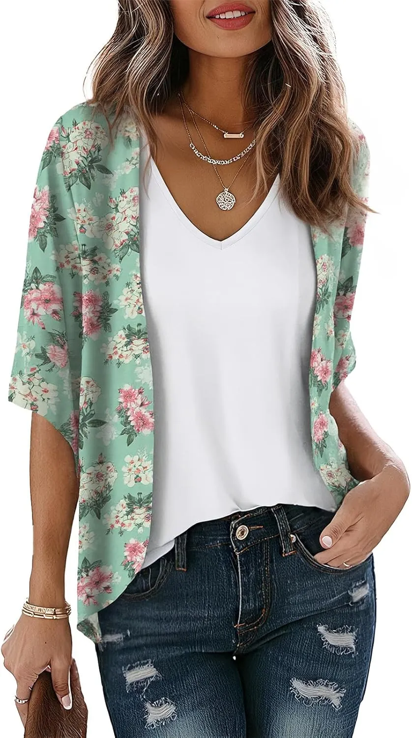 LILBETTER Women Lightweight Chiffon Cardigan Puff Sleeve Loose Beach Wear Cover Up Blouse Top